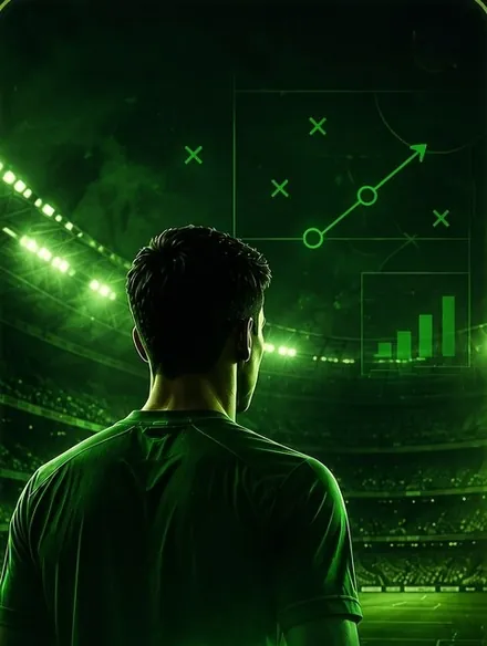 A footballer seen from behind, facing a stadium lit in green.