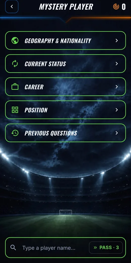 Mystery Player mode: clue categories to ask about, and a field to type a player name.