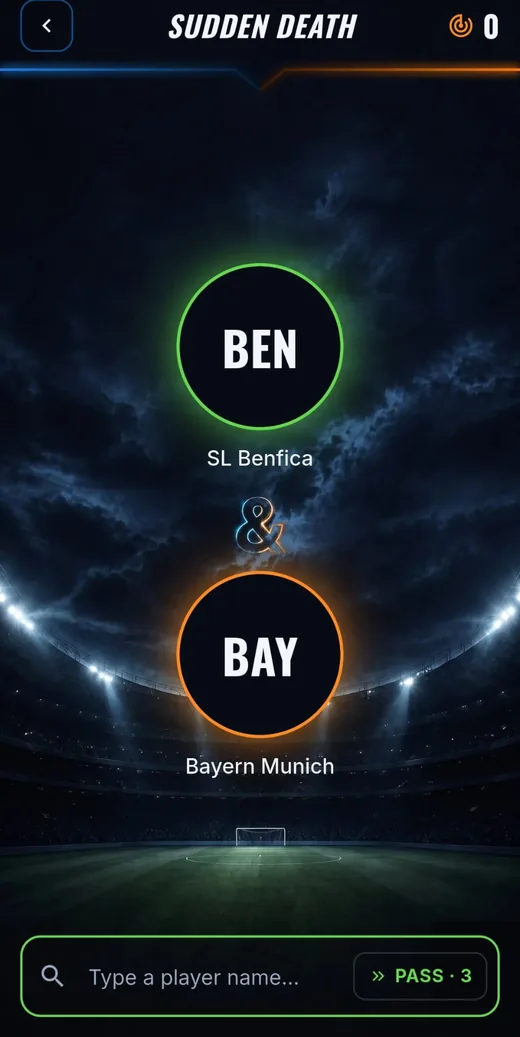 Sudden Death mode: SL Benfica and Bayern Munich shown as the two clubs to find a shared player for.